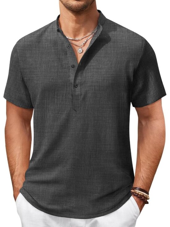 Other - Men's Dark Grey Casual Henley Shirt Short Sleeve Linen Beach Summer Tops